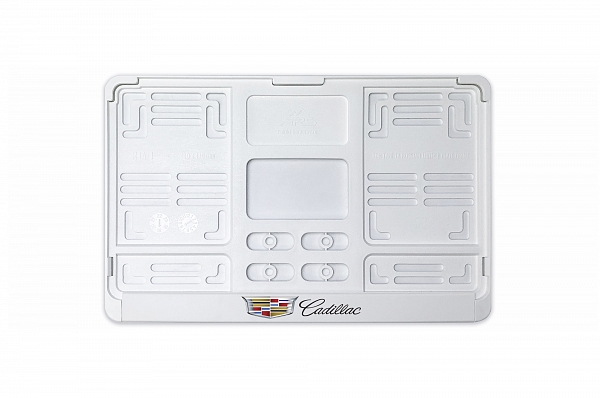 Рамка автомобильного номера квадратная 290 х 170 белая УФ-печать "Cadillac"