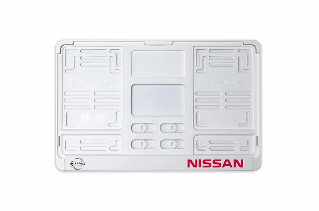 Рамка автомобильного номера квадратная 290 х 170 белая УФ-печать "Nissan"