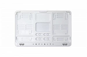 Рамка автомобильного номера квадратная 290 х 170 белая УФ-печать "Infiniti"