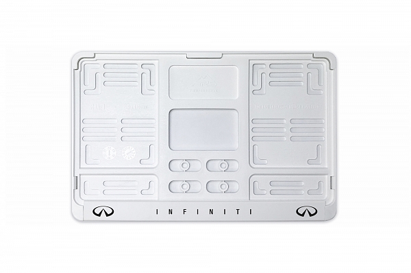 Рамка автомобильного номера квадратная 290 х 170 белая УФ-печать "Infiniti"