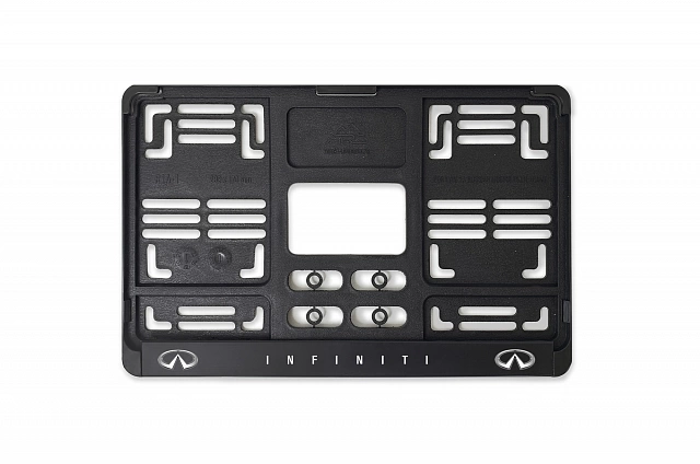 Рамка автомобильного номера квадратная 290 х 170 черная УФ-печать "Infiniti"