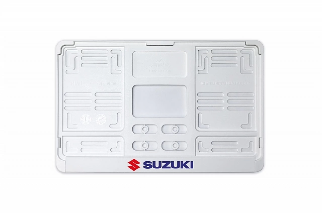 Рамка автомобильного номера квадратная 290 х 170 белая УФ-печать "Suzuki"