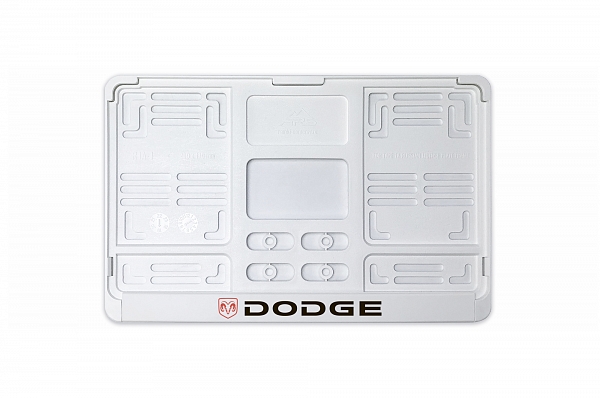 Рамка автомобильного номера квадратная 290 х 170 белая УФ-печать "Dodge"