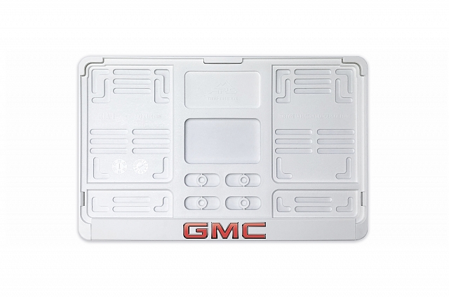 Рамка автомобильного номера квадратная 290 х 170 белая УФ-печать "GMC"